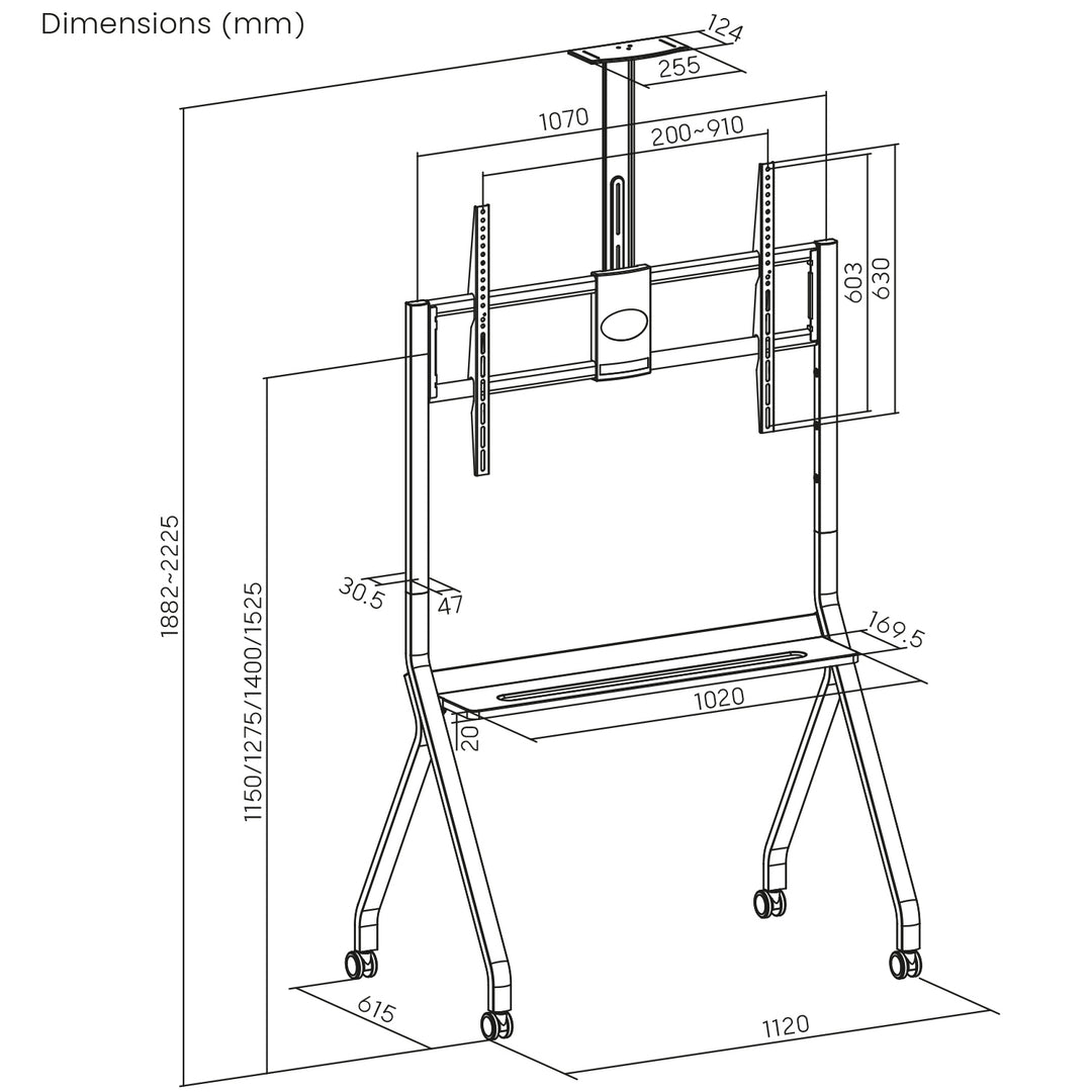 Maclean MC-114 B Soporte de TV / carro, estante de cámara, sobre ruedas, 55-100", carga máx. 120kg/10kg estante, máx. VESA 900x600, negro