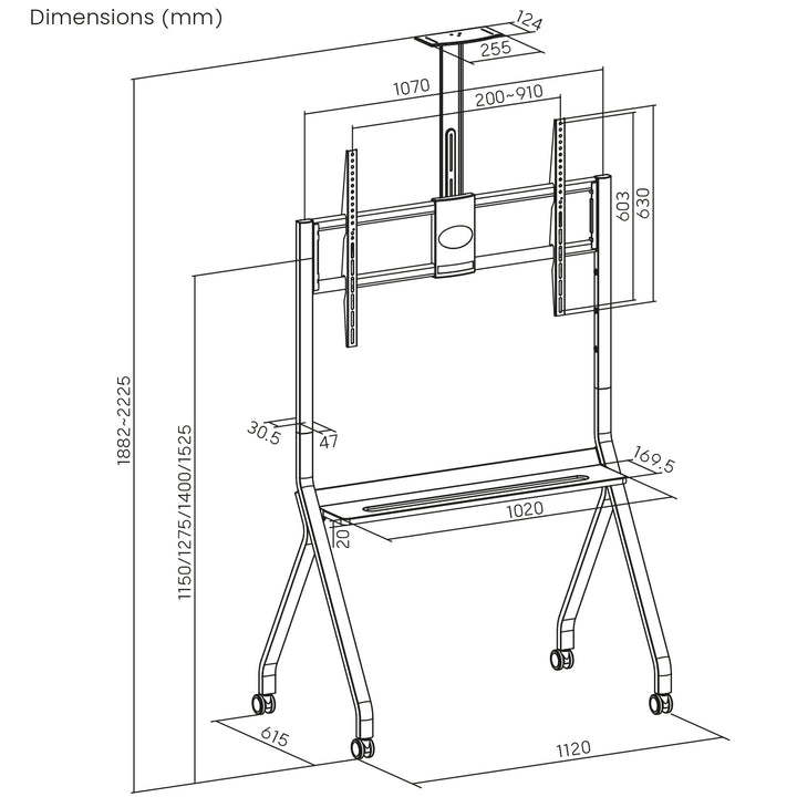 Maclean MC-114 B Soporte de TV / carro, estante de cámara, sobre ruedas, 55-100", carga máx. 120kg/10kg estante, máx. VESA 900x600, negro