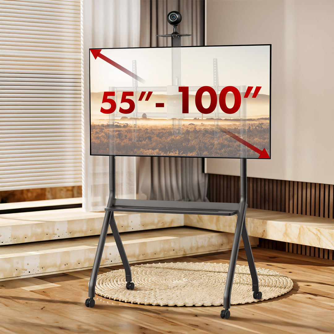 Maclean MC-114 B Soporte de TV / carro, estante de cámara, sobre ruedas, 55-100", carga máx. 120kg/10kg estante, máx. VESA 900x600, negro