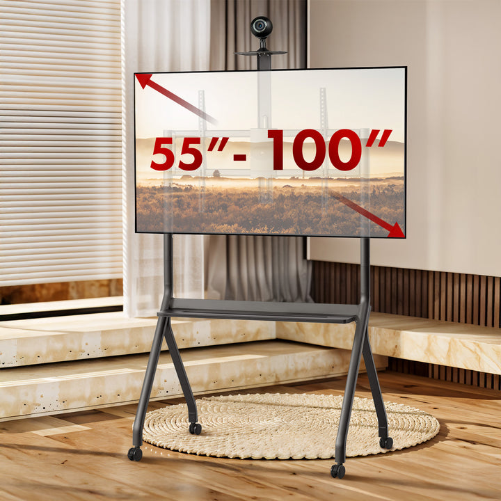 Maclean MC-114 B Soporte de TV / carro, estante de cámara, sobre ruedas, 55-100", carga máx. 120kg/10kg estante, máx. VESA 900x600, negro