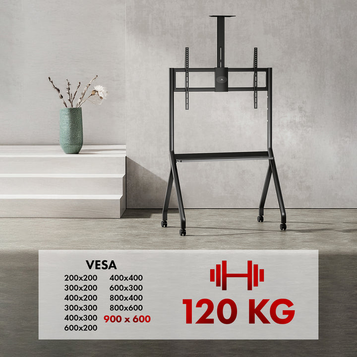 Maclean MC-114 B Soporte de TV / carro, estante de cámara, sobre ruedas, 55-100", carga máx. 120kg/10kg estante, máx. VESA 900x600, negro