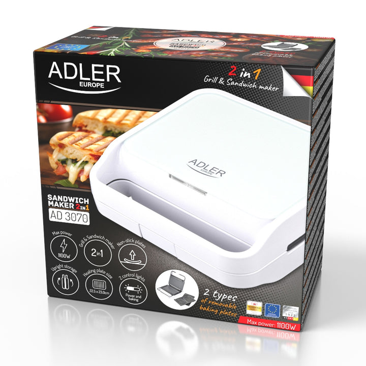 Adler sandwich toaster, contact grill, 1100W, white, AD 3070