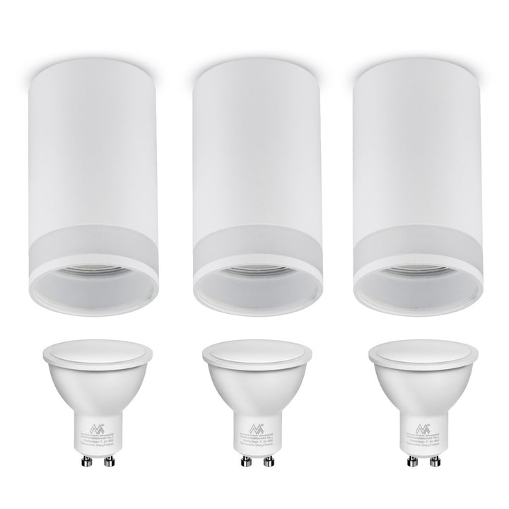 Maclean MCE361 W Luminaria de superficie / tubo, spot, redondo, aluminio, GU10, 55x130mm, blanco 3pcs + bombilla LED GU10 7W Maclean Energy MCE437 WW blanco cálido 3000K, 220-240V~, 50/60Hz 3pcs