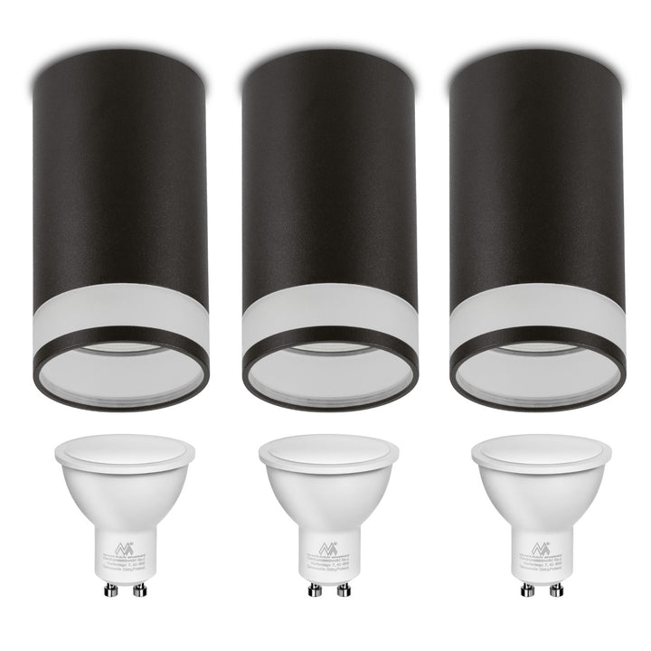 Maclean surface-mounted luminaire / tube, spot, round, aluminum, GU10, 55x130mm, black color, MCE361 B 3pcs + LED bulb GU10 7W Maclean Energy MCE437 WW warm white 3000K, 220-240V~, 50/60Hz, 490lm, 3pcs