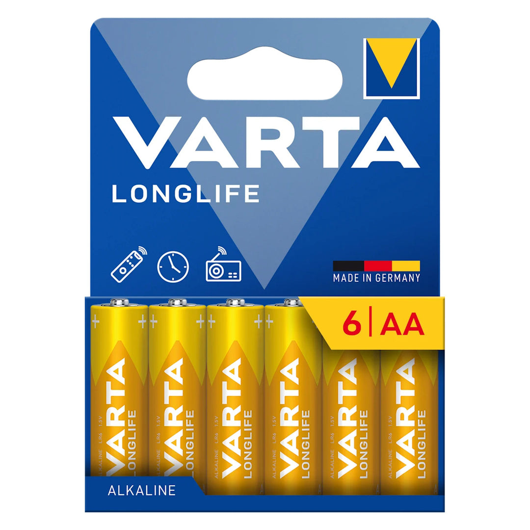 6x 1.5V LR6 AA Varta Longlife Alkaline Batteries, Blister Pack