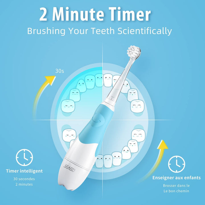 SEAGO children's sonic toothbrush, blue color, 1xAAA 1.5V (not included), 4 tips, SG-513 Blue + Set of spare toothbrushes for SG-513, SG-977 SEAGO, 4 pcs, transparent color, SG-513 Refill