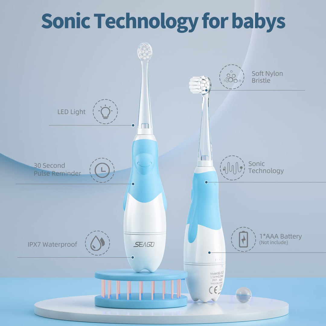 SEAGO children's sonic toothbrush, blue color, 1xAAA 1.5V (not included), 4 tips, SG-513 Blue + Set of spare toothbrushes for SG-513, SG-977 SEAGO, 4 pcs, transparent color, SG-513 Refill