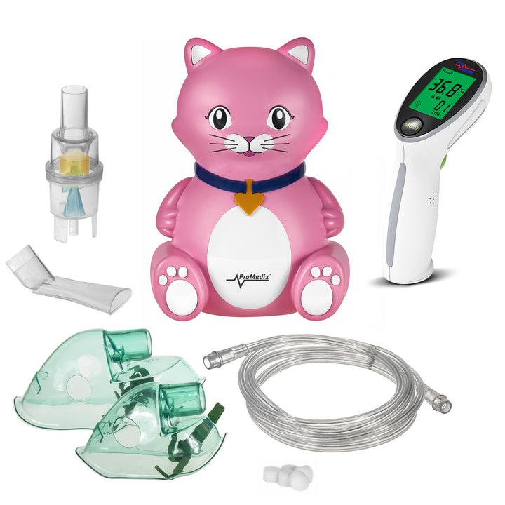 Promedix cat inhaler for children, set nebulizer, masks, filters, PR-816 + Promedix PR-960 non-contact infrared medical thermometer