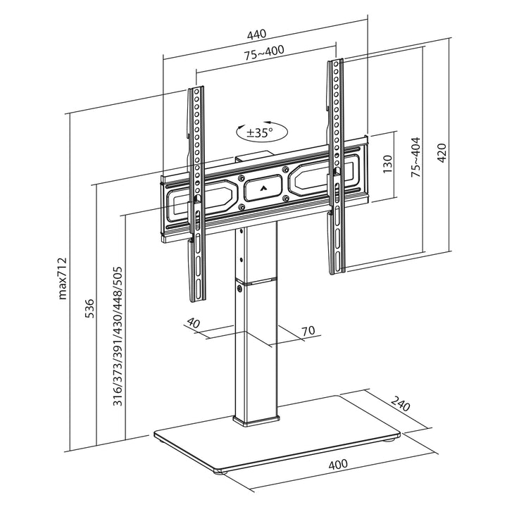 Universal-TV-Ständer Maclean, für RTV-Schrank, Ständer, max. 40kg, max. VESA 400x400, Höhen- und Winkelverstellung, für TV-Geräte 32-65", MC-1240