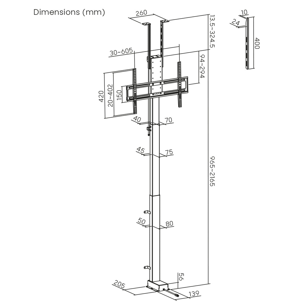 Elektrischer Decken- und Bodengriff, ausziehbar, 43''-88''', VESA 600x400, max. 60kg, 100-240V AC,50/60Hz