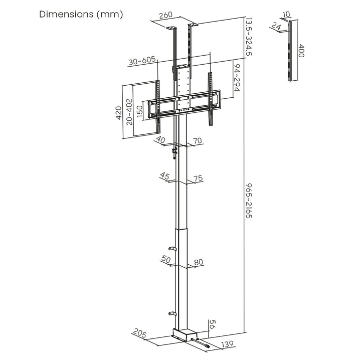 Elektrischer Decken- und Bodengriff, ausziehbar, 43''-88''', VESA 600x400, max. 60kg, 100-240V AC,50/60Hz