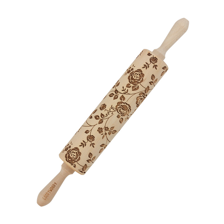 Rouleau à gâteau gravé Goody Woody, 46 cm, bois de hêtre, motif de roses sauvages