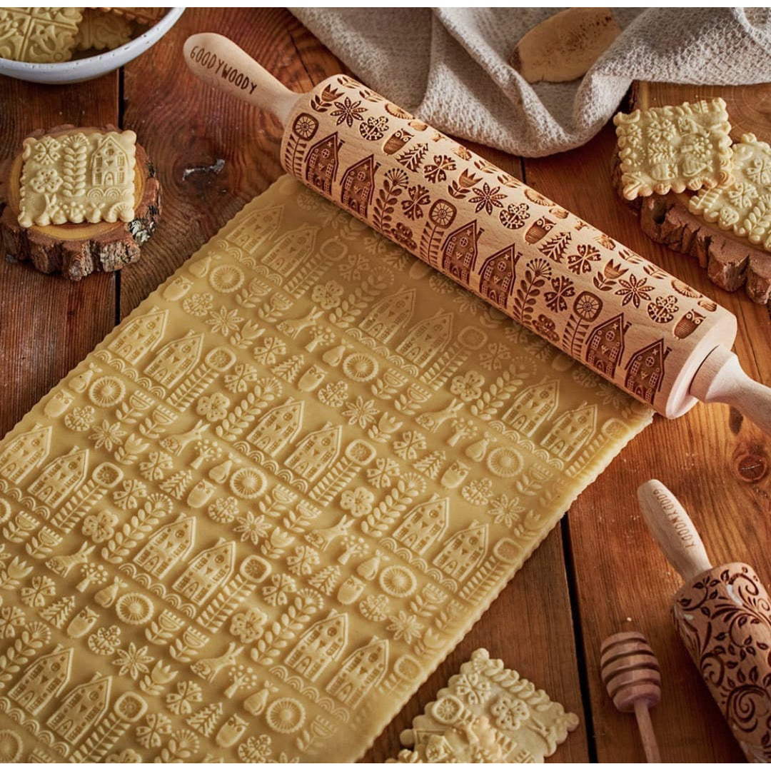 Rouleau à gâteau gravé Goody Woody, 46 cm, bois de hêtre, style scandinave