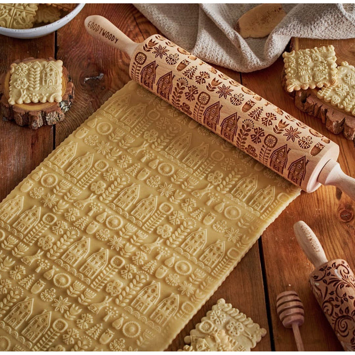 Rouleau à gâteau gravé Goody Woody, 46 cm, bois de hêtre, style scandinave
