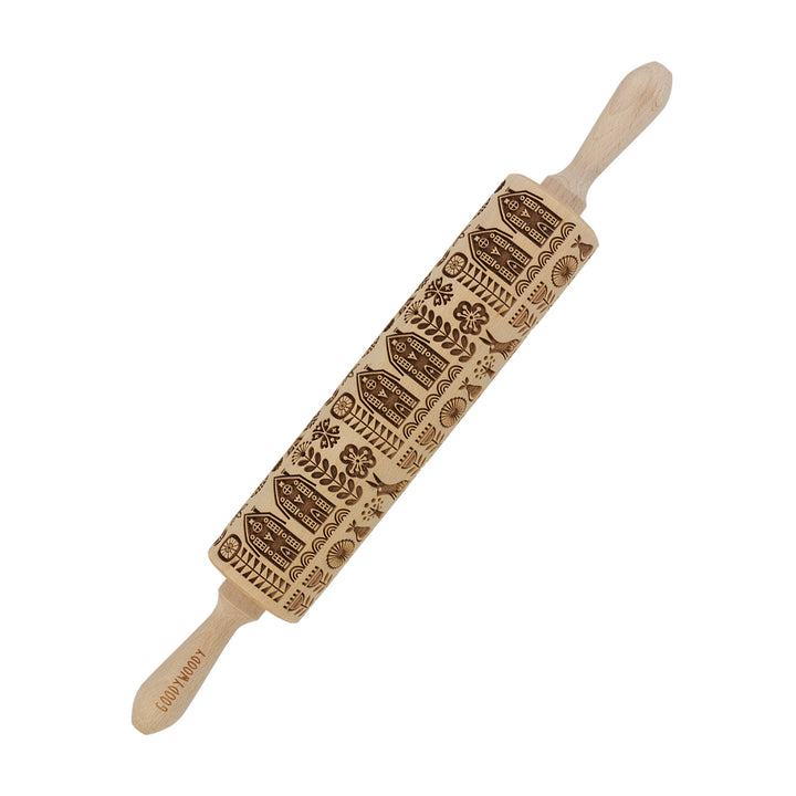 Rouleau à gâteau gravé Goody Woody, 46 cm, bois de hêtre, style scandinave