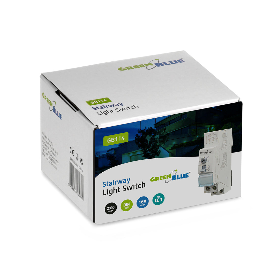 GreenBlue Iluminación automática de escaleras montada en carril DIN, control 30s-10m, máx. 2300 W, GB114, 3 unidades