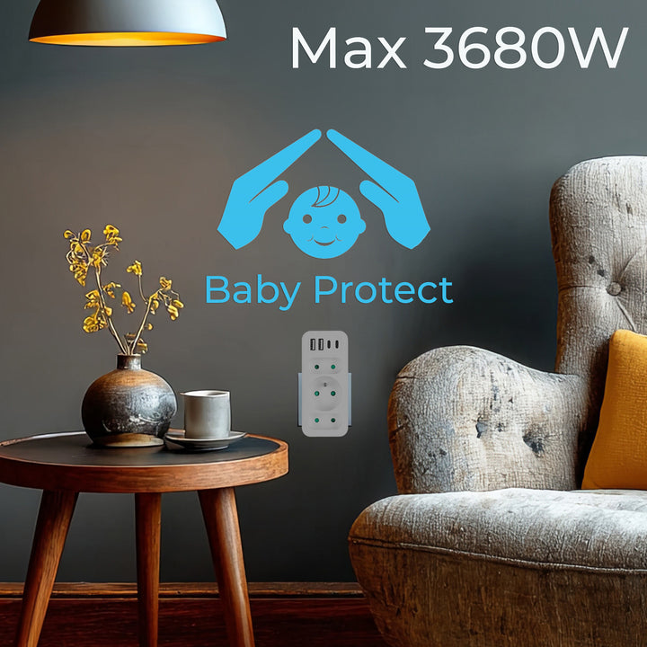 Current socket x3 + 4xUSB Maclean, splitter with 3 sockets, 2xUSB A, 2xUSB C PD 20W, 1x16A + 2x6A, MCE248 F/W