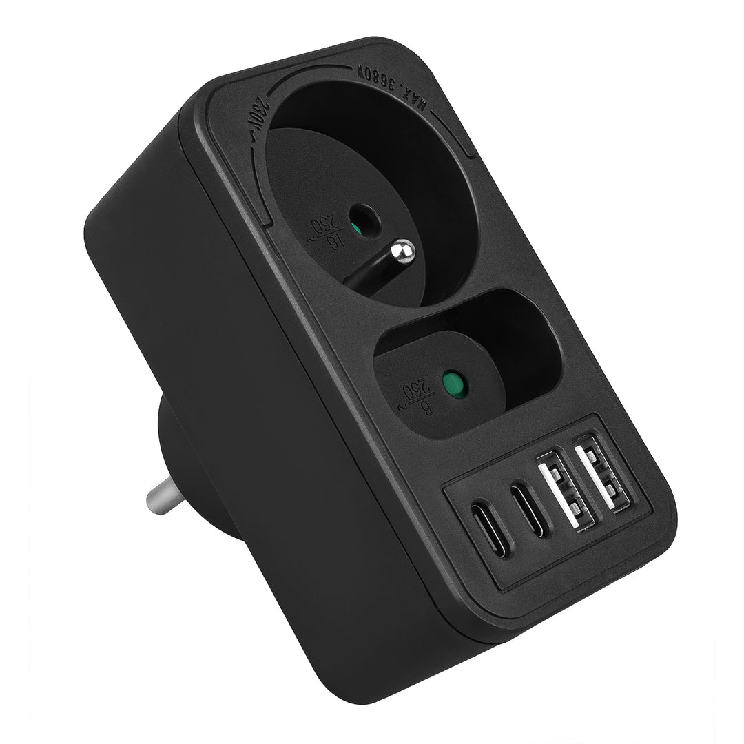 Maclean current socket x2 + 4xUSB, splitter with 2 sockets, 2xUSB A, 2xUSB C PD 20W, 1x16A + 1x6A, MCE249 F/B