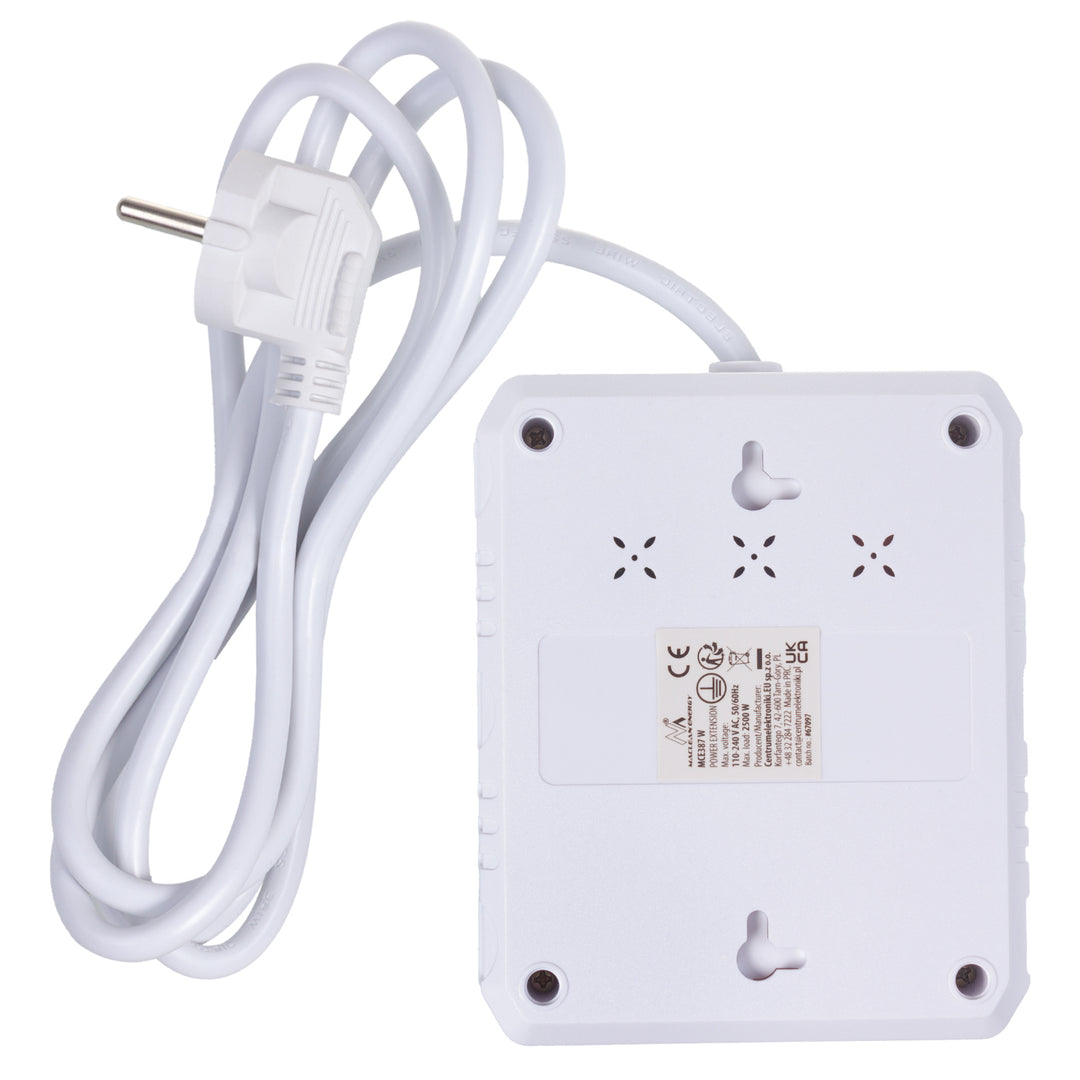 Multiprise Maclean, câble d'extension 2 prises + 3xUSB, 110-240V AC 50/60Hz, 2.1A max 2500W, 1.5m, blanc, MCE387 W