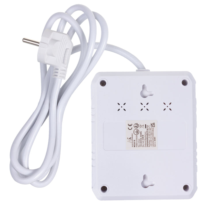 Multiprise Maclean, câble d'extension 2 prises + 3xUSB, 110-240V AC 50/60Hz, 2.1A max 2500W, 1.5m, blanc, MCE387 W