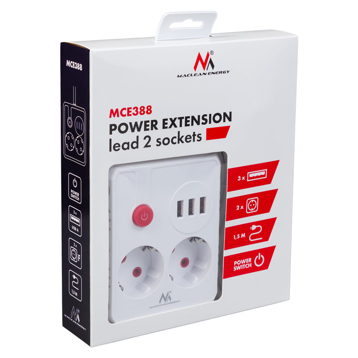 Multiprise Maclean, câble d'extension 2 prises + 3xUSB, 110-240V AC 50/60Hz, 2.1A max 2500W, 1.5m, blanc, MCE387 W