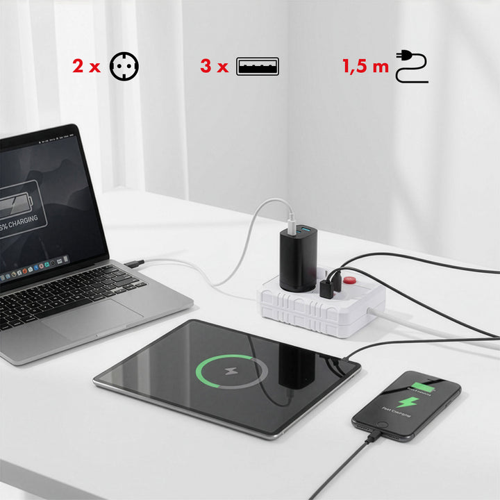 Multiprise Maclean, câble d'extension 2 prises + 3xUSB, 110-240V AC 50/60Hz, 2.1A max 2500W, 1.5m, blanc, MCE387 W