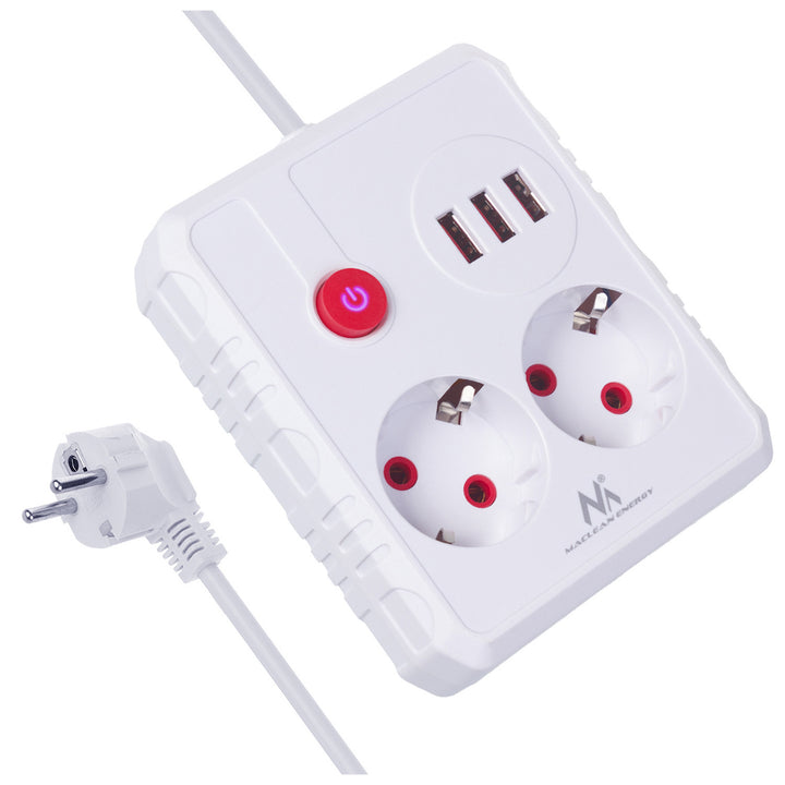 Multiprise Maclean, câble d'extension 2 prises + 3xUSB, 110-240V AC 50/60Hz, 2.1A max 2500W, 1.5m, blanc, MCE387 W