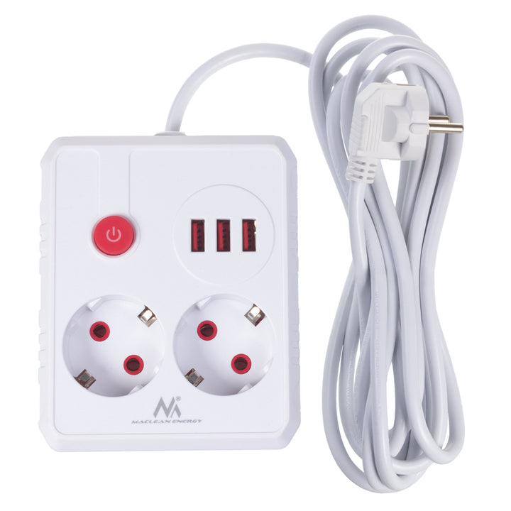 Maclean power strip, extender 2 sockets + 3xUSB, 110-240V AC 50/60Hz, 2.1A max 2500W, 3 m, white, MCE388 W