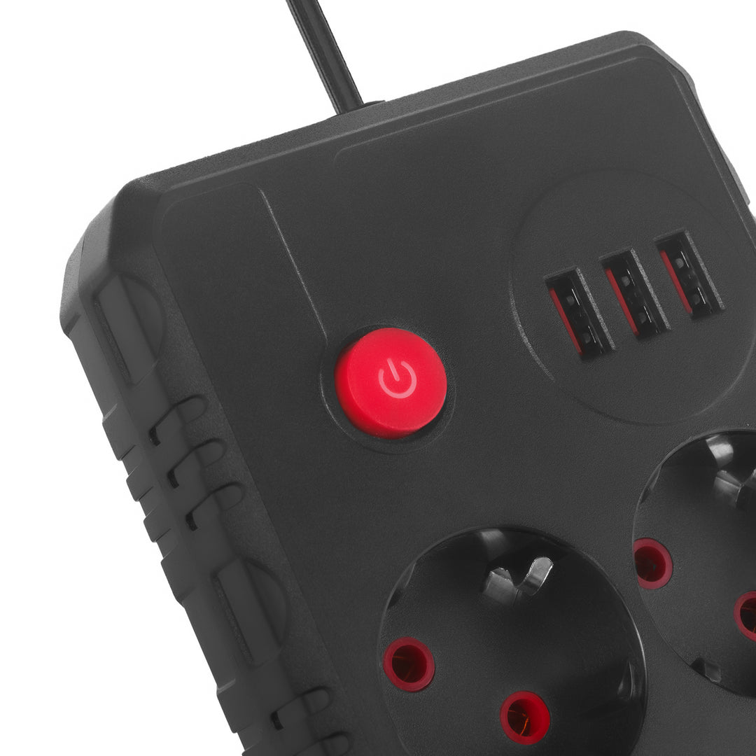 Multiprise Maclean, câble d'extension 2 prises + 3xUSB, 110-240V AC 50/60Hz, 2.1A max 2500W, 3 m, noir, MCE388 B