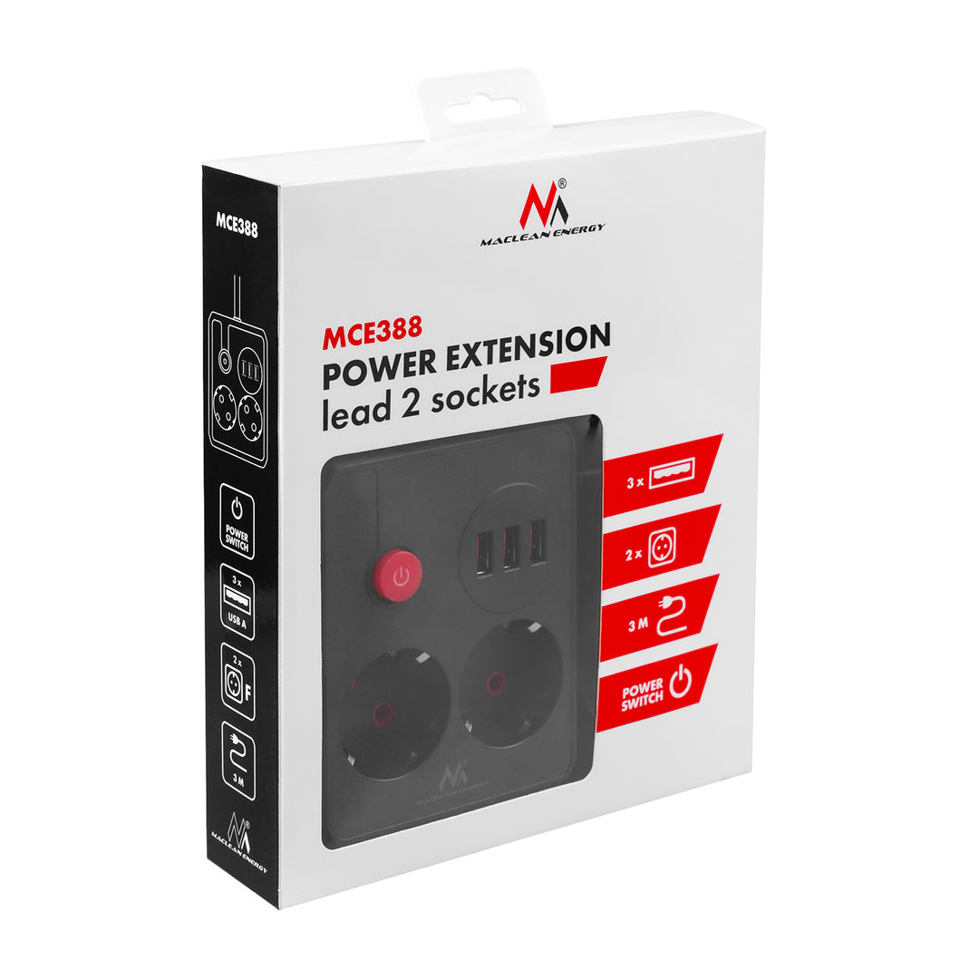 Multiprise Maclean, câble d'extension 2 prises + 3xUSB, 110-240V AC 50/60Hz, 2.1A max 2500W, 3 m, noir, MCE388 B