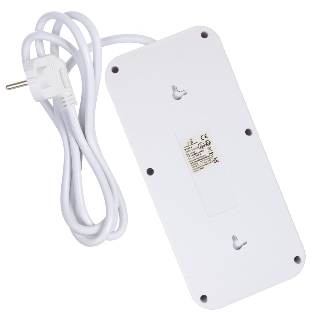 Multiprise Maclean, rallonge 6 prises + 4xUSB, 110-240V AC 50/60Hz, 2.1A max 2500W, 1.5 m, blanc, MCE389 W
