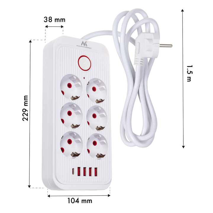 Multiprise Maclean, rallonge 6 prises + 4xUSB, 110-240V AC 50/60Hz, 2.1A max 2500W, 1.5 m, blanc, MCE389 W