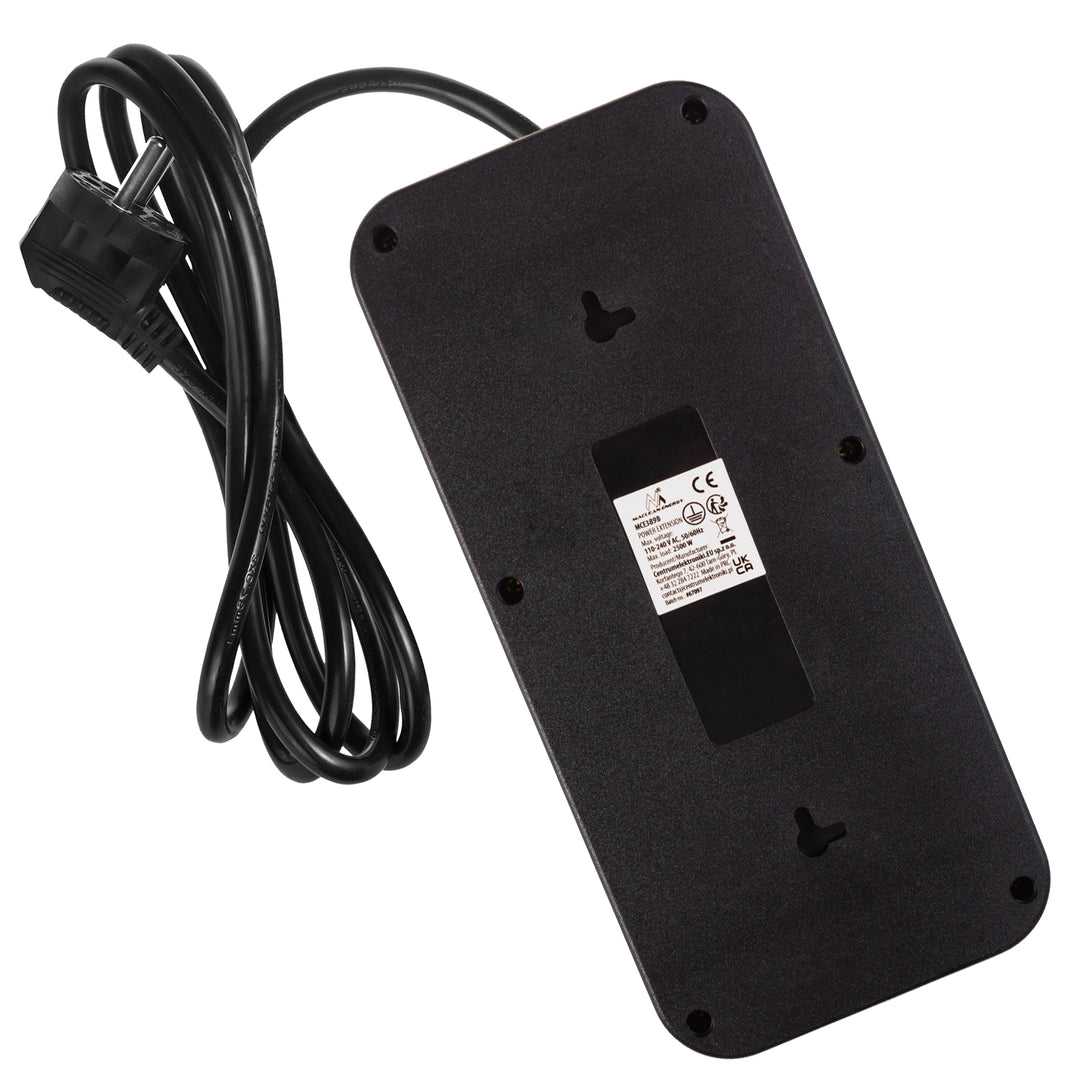 Multiprise Maclean, rallonge 6 prises + 4xUSB, 110-240V AC 50/60Hz, 2.1A max 2500W, 1.5 m, noir, MCE389 B