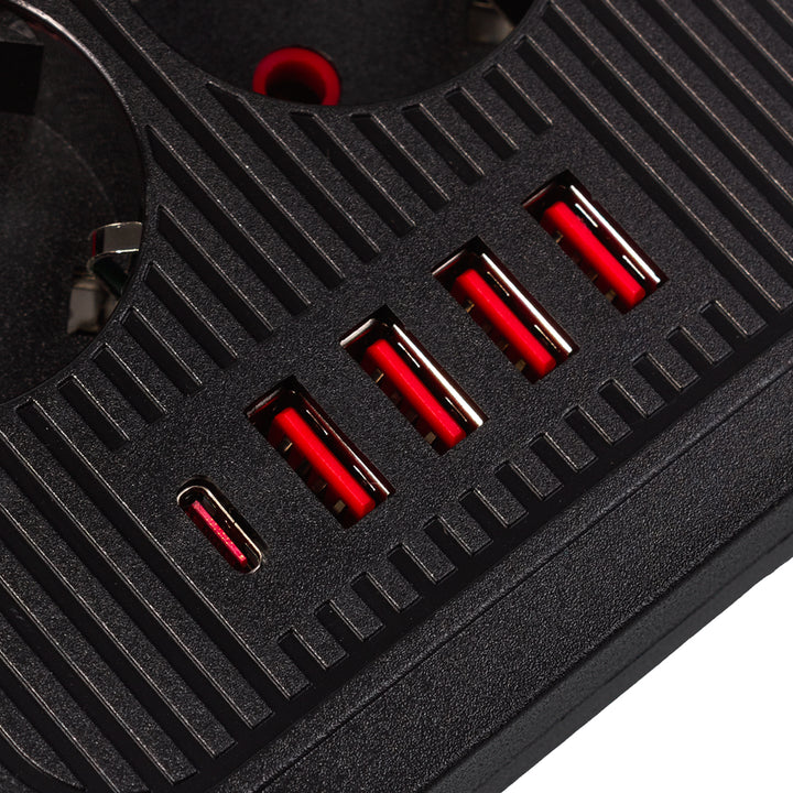 Multiprise Maclean, rallonge 6 prises + 4xUSB, 110-240V AC 50/60Hz, 2.1A max 2500W, 1.5 m, noir, MCE389 B