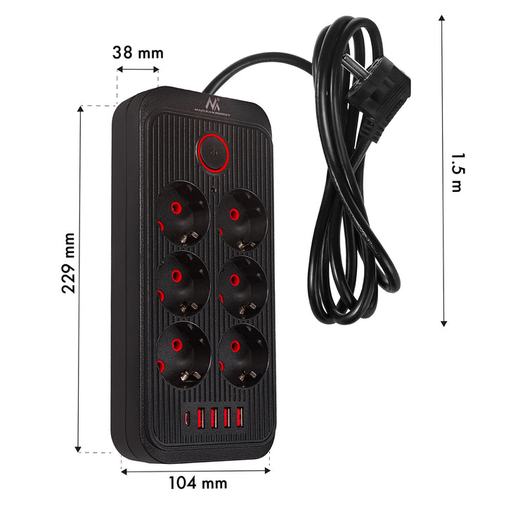 Multiprise Maclean, rallonge 6 prises + 4xUSB, 110-240V AC 50/60Hz, 2.1A max 2500W, 1.5 m, noir, MCE389 B