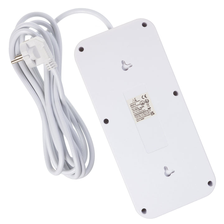 Multiprise Maclean, câble d'extension 6 prises + 4xUSB, 110-240V AC 50/60Hz, 2.1A max 2500W, 3m, blanc, MCE391 W