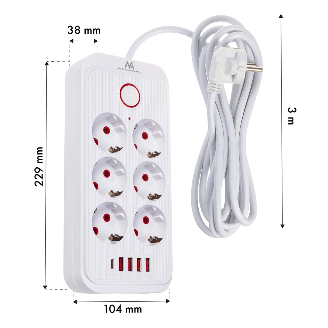 Multiprise Maclean, câble d'extension 6 prises + 4xUSB, 110-240V AC 50/60Hz, 2.1A max 2500W, 3m, blanc, MCE391 W