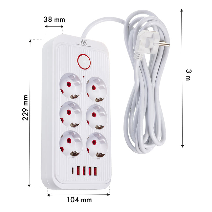 Multiprise Maclean, câble d'extension 6 prises + 4xUSB, 110-240V AC 50/60Hz, 2.1A max 2500W, 3m, blanc, MCE391 W