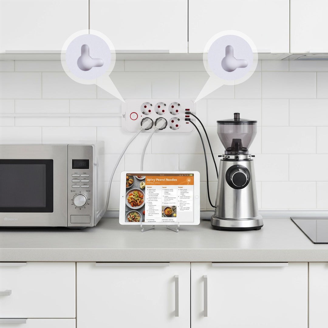 Multiprise Maclean, câble d'extension 6 prises + 4xUSB, 110-240V AC 50/60Hz, 2.1A max 2500W, 3m, blanc, MCE391 W