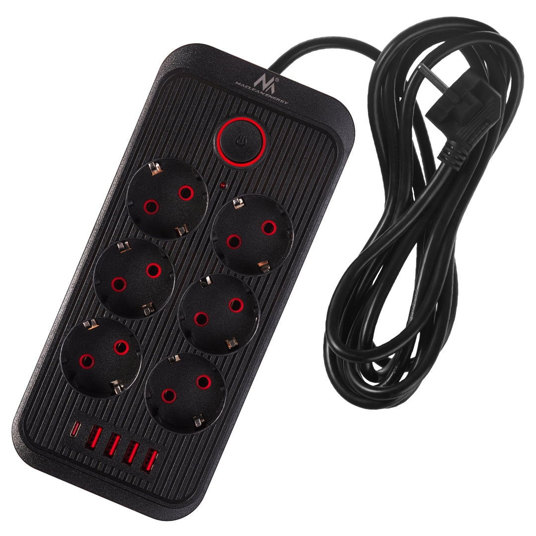 Multiprise Maclean, rallonge 6 prises + 4xUSB, 110-240V AC 50/60Hz, 2.1A max 2500W, 3m, noir, MCE391 B