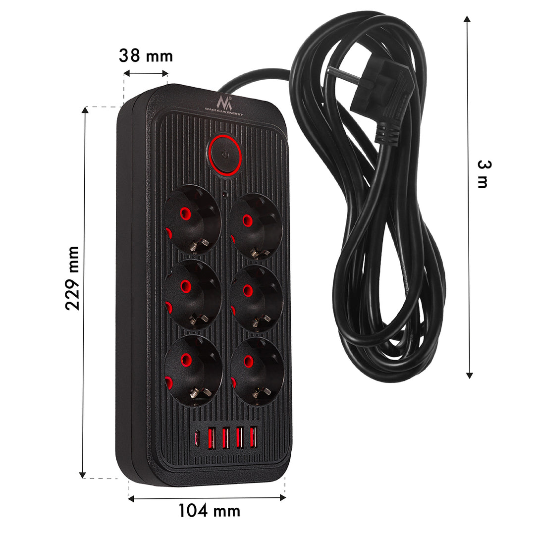 Multiprise Maclean, rallonge 6 prises + 4xUSB, 110-240V AC 50/60Hz, 2.1A max 2500W, 3m, noir, MCE391 B