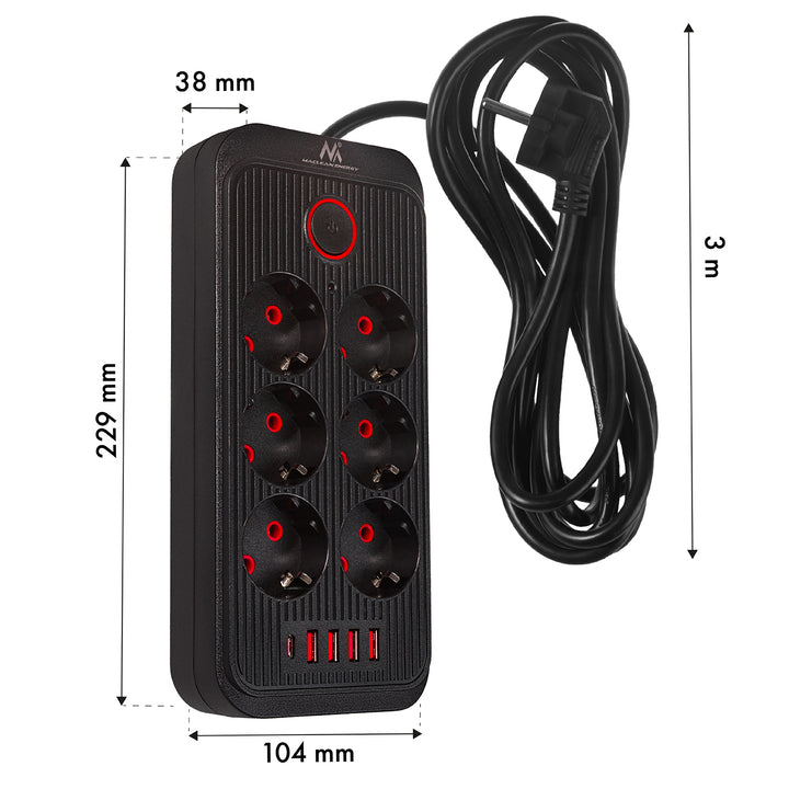 Multiprise Maclean, rallonge 6 prises + 4xUSB, 110-240V AC 50/60Hz, 2.1A max 2500W, 3m, noir, MCE391 B
