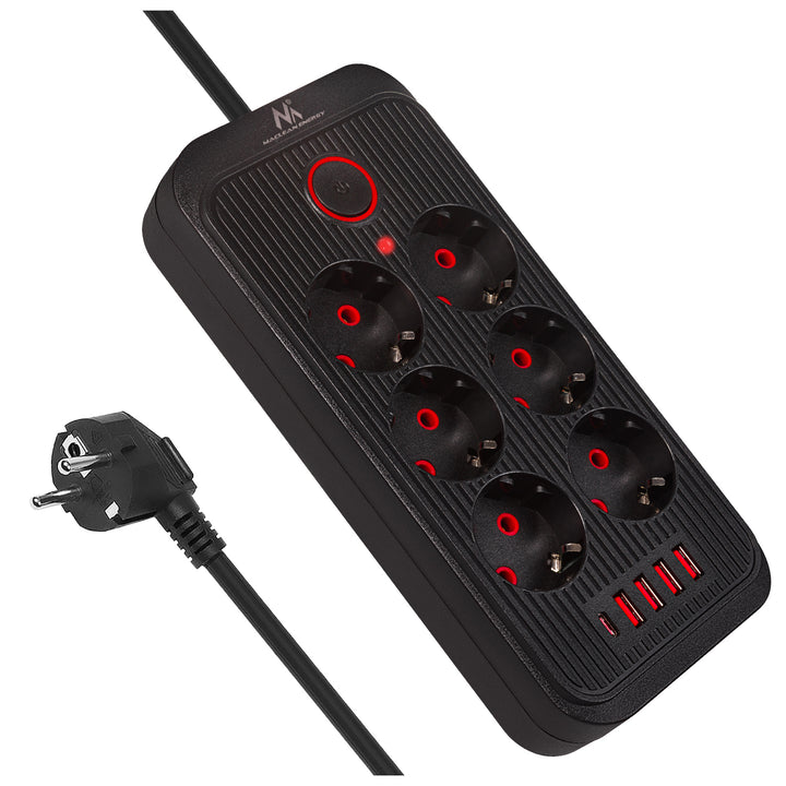 Multiprise Maclean, rallonge 6 prises + 4xUSB, 110-240V AC 50/60Hz, 2.1A max 2500W, 3m, noir, MCE391 B