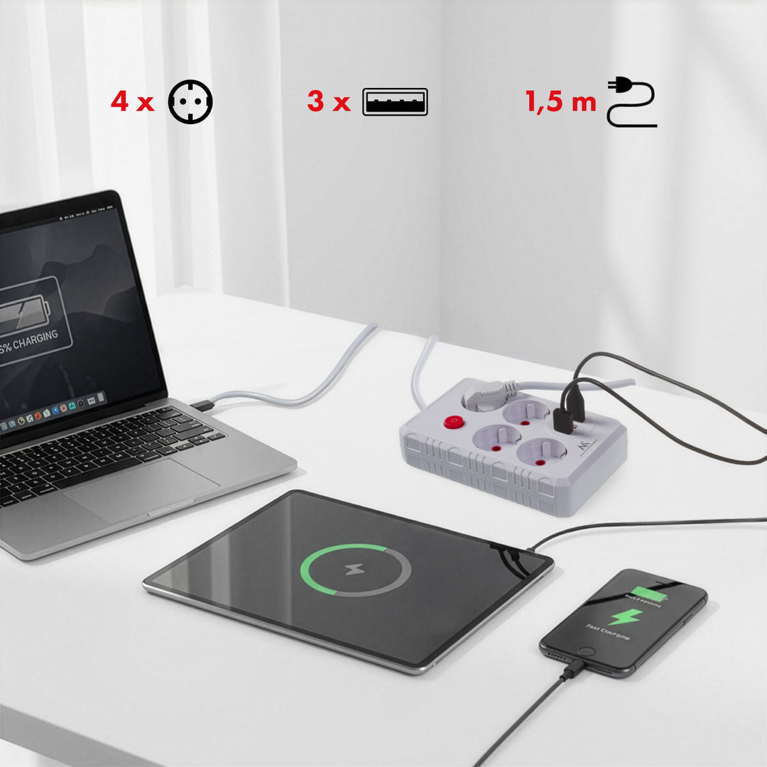 Steckdosenleiste 4 Steckdosen 2500W 3xUSB weiß 1,5m