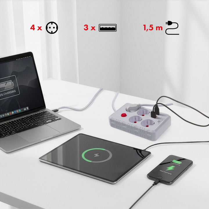 Steckdosenleiste 4 Steckdosen 2500W 3xUSB weiß 1,5m