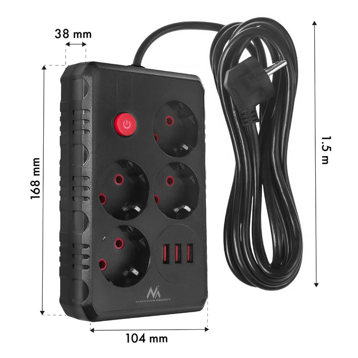 Maclean Steckdosenleiste, 4-Steckdosen-Verlängerungskabel + 3xUSB, 110-240V AC 50/60Hz, 2,1A max 2500W, 1,5m, schwarz, MCE392 B