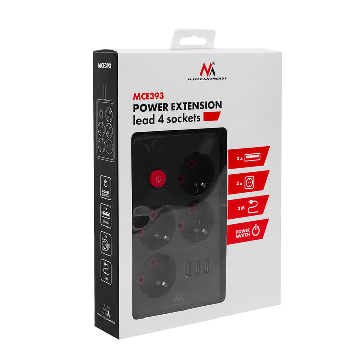 Maclean Steckdosenleiste, 4-Steckdosen-Verlängerungskabel + 3xUSB, 110-240V AC 50/60Hz, 2.1A max 2500W, 3m, schwarz, MCE393 B