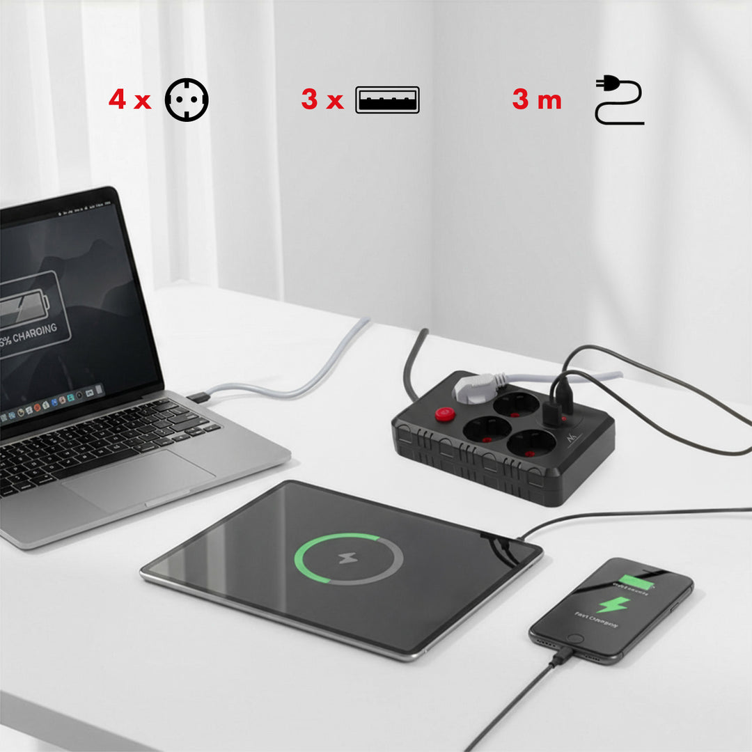 Maclean Steckdosenleiste, 4-Steckdosen-Verlängerungskabel + 3xUSB, 110-240V AC 50/60Hz, 2.1A max 2500W, 3m, schwarz, MCE393 B