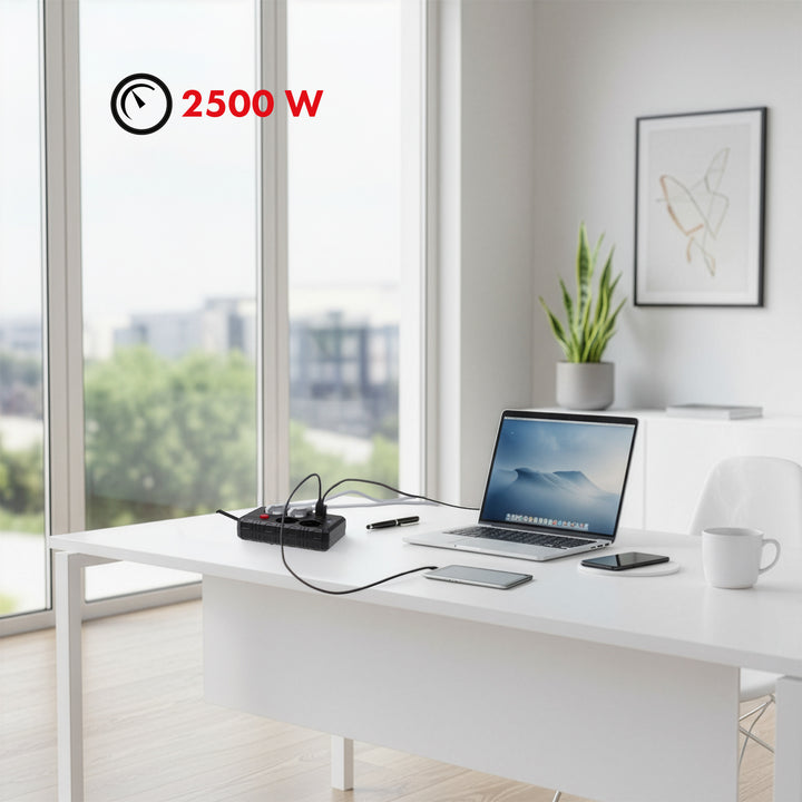 Maclean Steckdosenleiste, 4-Steckdosen-Verlängerungskabel + 3xUSB, 110-240V AC 50/60Hz, 2.1A max 2500W, 3m, schwarz, MCE393 B