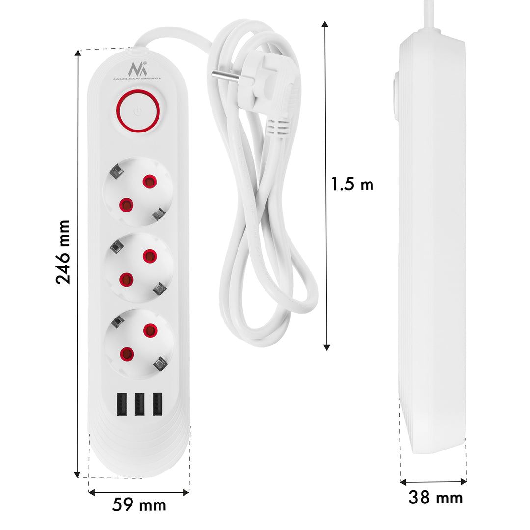 Multiprise Maclean, rallonge 3 prises + 3xUSB, 110-240V AC 50/60Hz, 2.1A max 2500W, 1.5m, blanc, MCE394 W